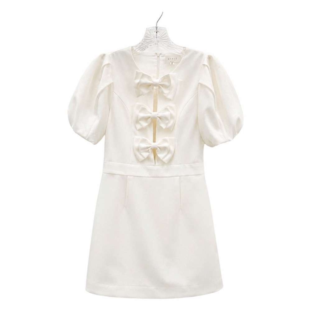 Mable White Bow Front Puff Sleeve Mini Dress Size Medium Ivory Coquette Bridal